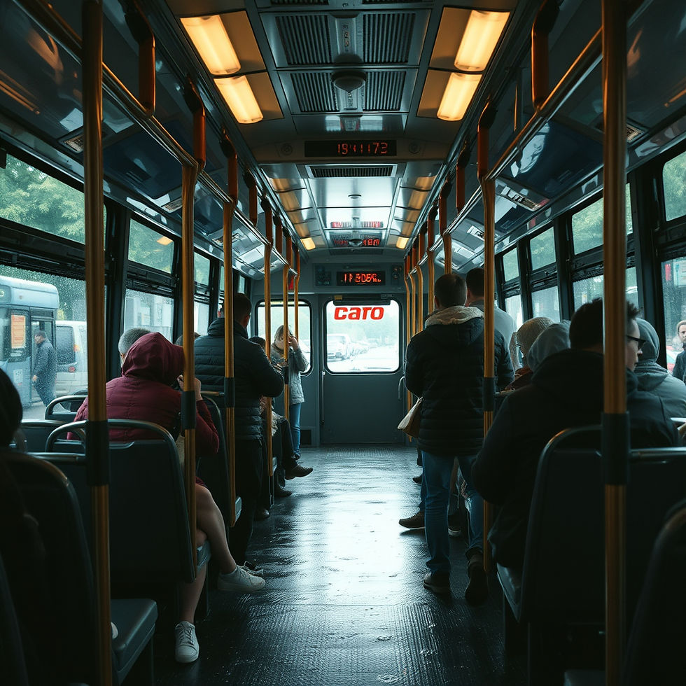 passageiros em um ônibus em dia de chuva