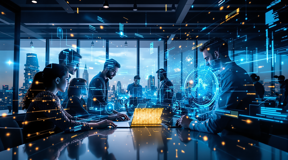 Pessoas trabalhando em laptops em uma sala moderna com projeções digitais azuis, cenário urbano ao fundo à noite, atmosfera futurista.