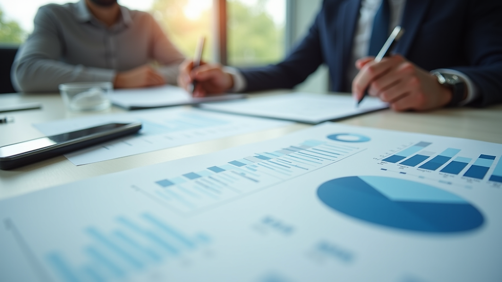 Close-up view of a business meeting with charts and graphs on the table
