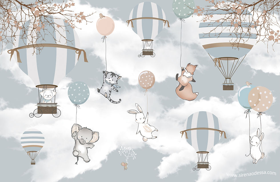 Миниатюра: Фотообои с шарами "Зверята в облаках"