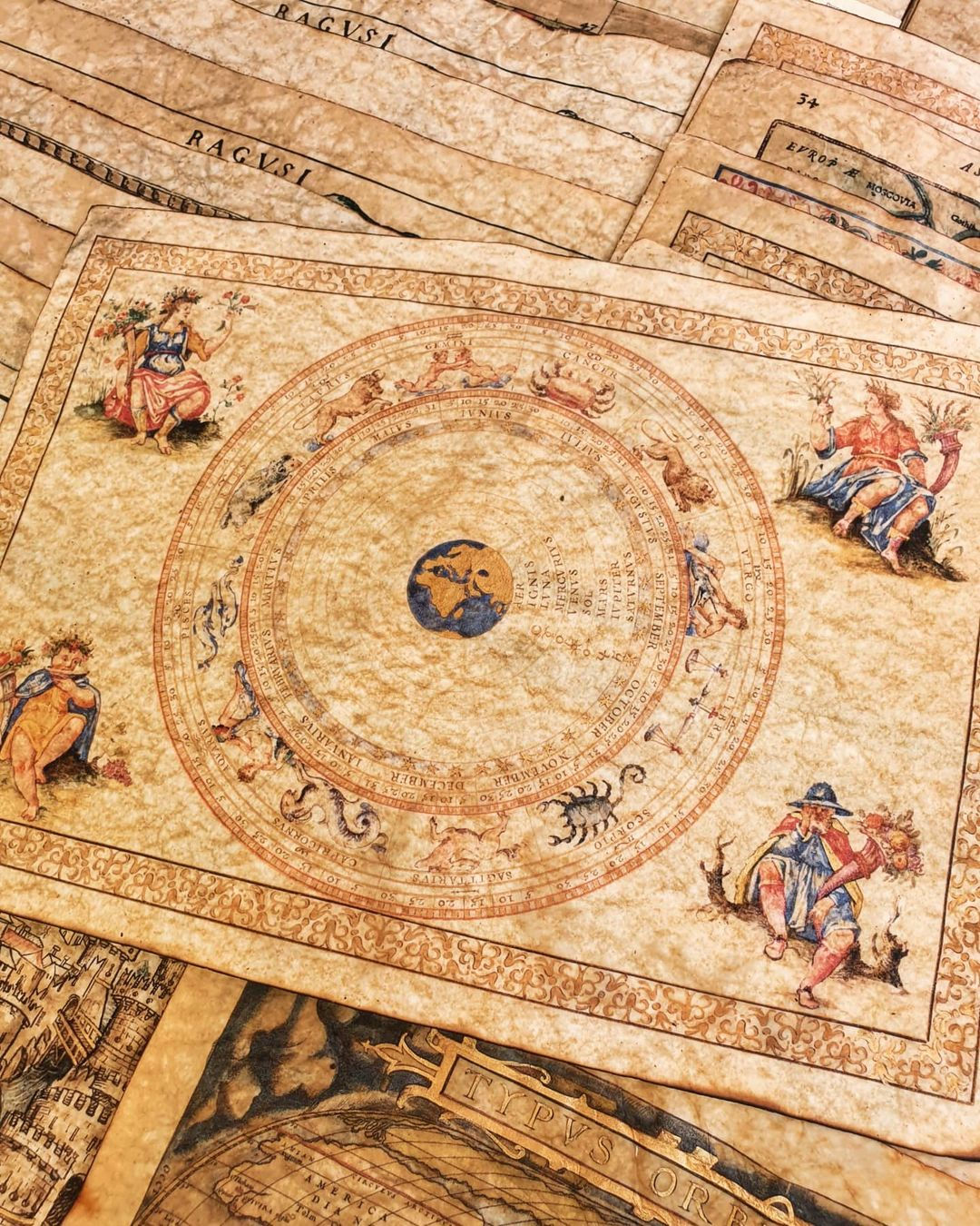 Geocentric zodiacal calendar by Francesco Ghisolfi, 16th century, parchment style wall art print with circular zodiac design