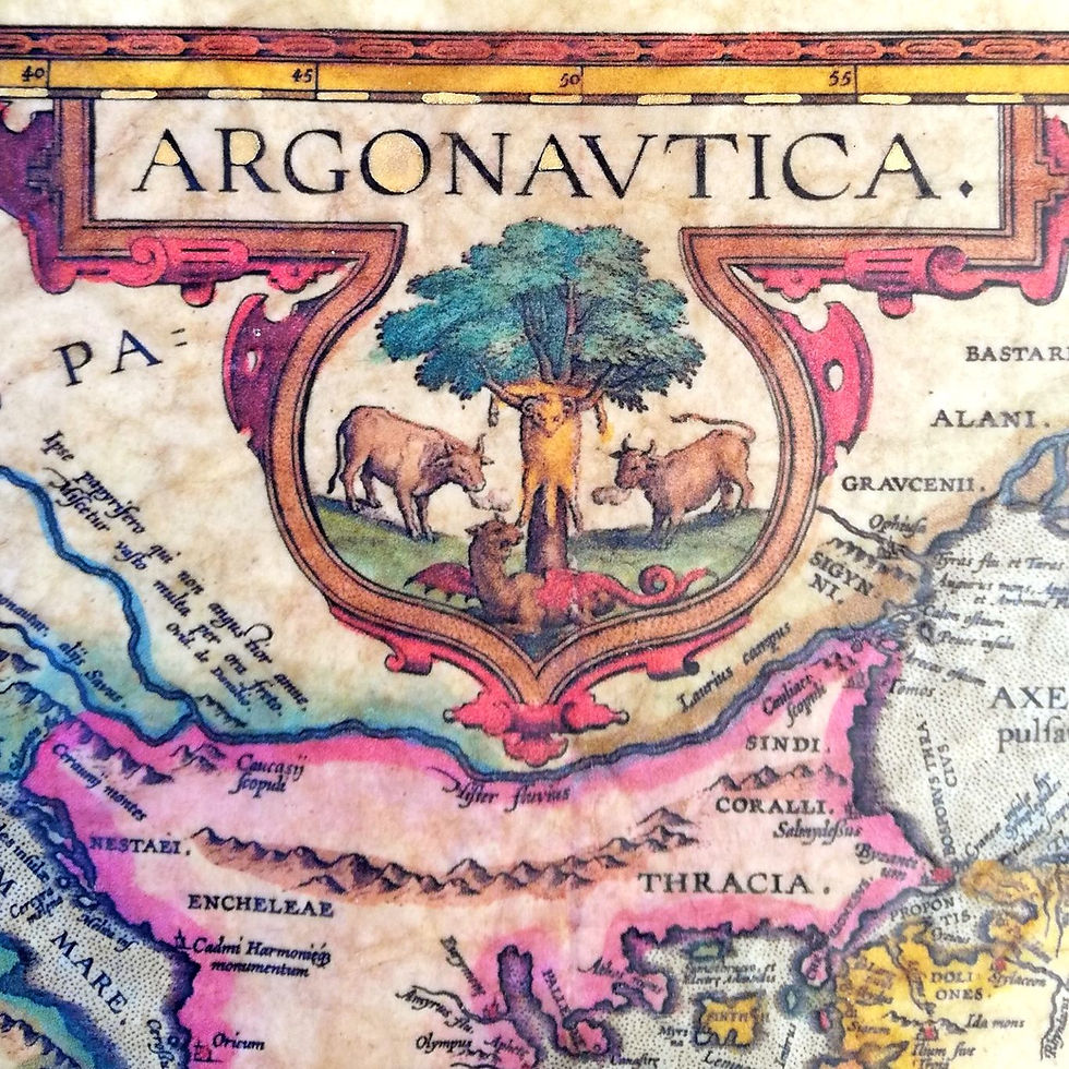 Thumbnail: Golden Fleece detail on Argonautica map. 1624 Ortelius replica with hand-processed paper and gold leaf accents.