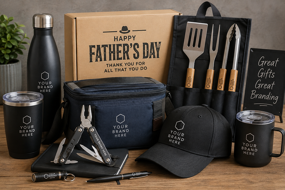 Branded Father's Day gifts for men including promotional drink bottles, BBQ accessories, cooler bags and everyday merchandise for clients, employees and customers