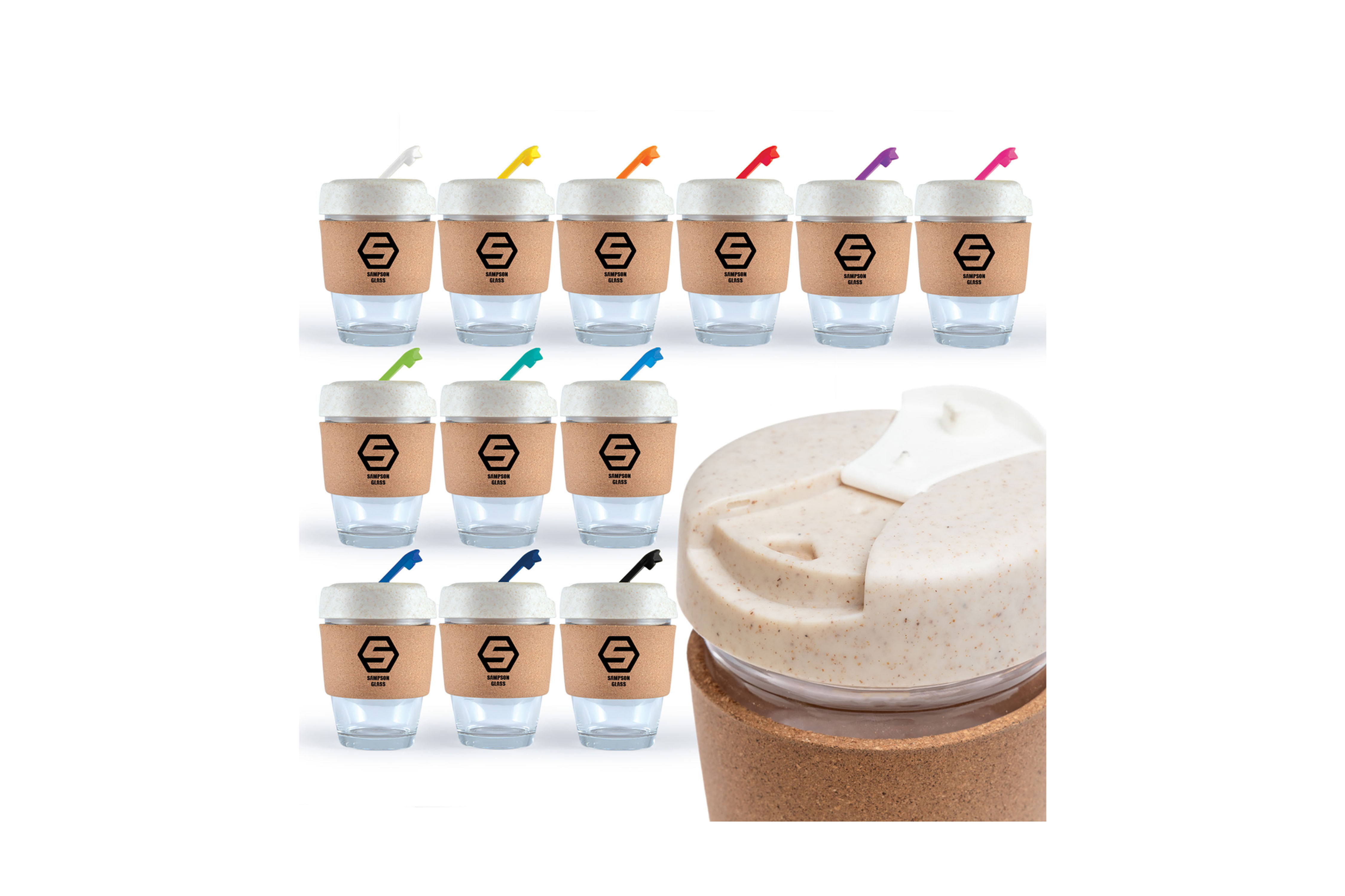 Custom branded 320ml glass cup with cork band and wheat fibre lid, combining natural materials with business branding