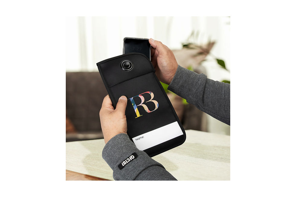 Custom-branded lockable phone pouch made from neoprene, featuring signal-blocking technology to prevent unauthorised use.