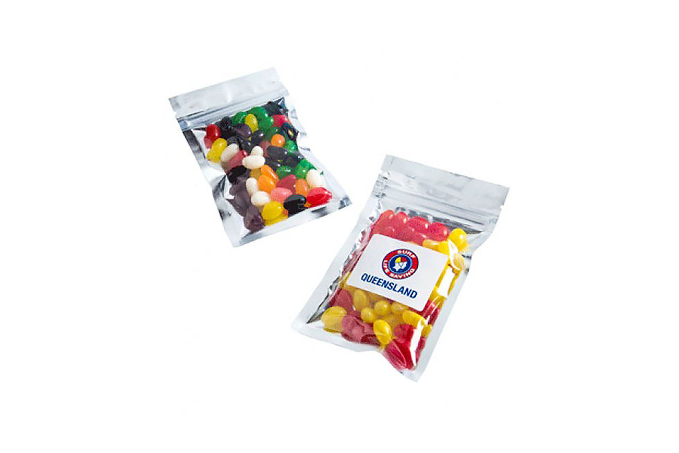 Silver zip lock bag with mini jelly beans custom branded for promotional confectionery and corporate giveaways