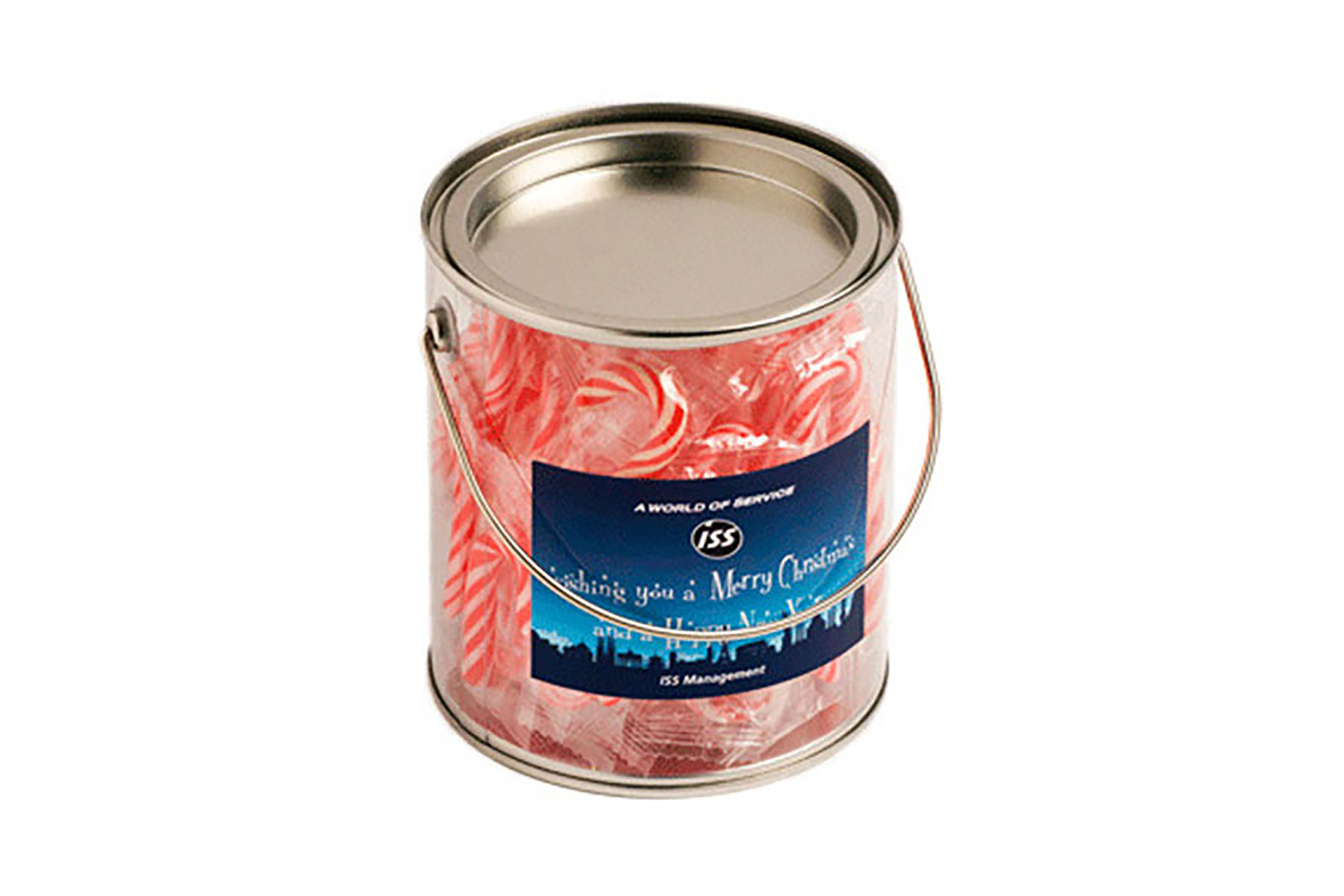 Custom branded large candy cane buckets filled with festive confectionery for Christmas promotions and client gifting