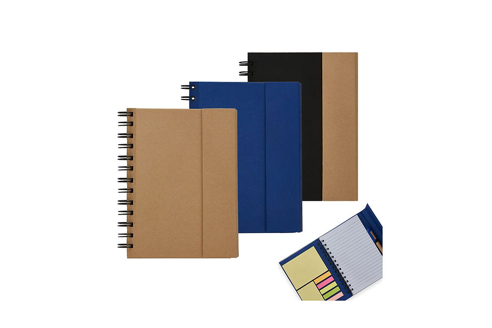 Cardboard spiral notebooks with sticky flags and pens customised with your logo for meetings and training sessions