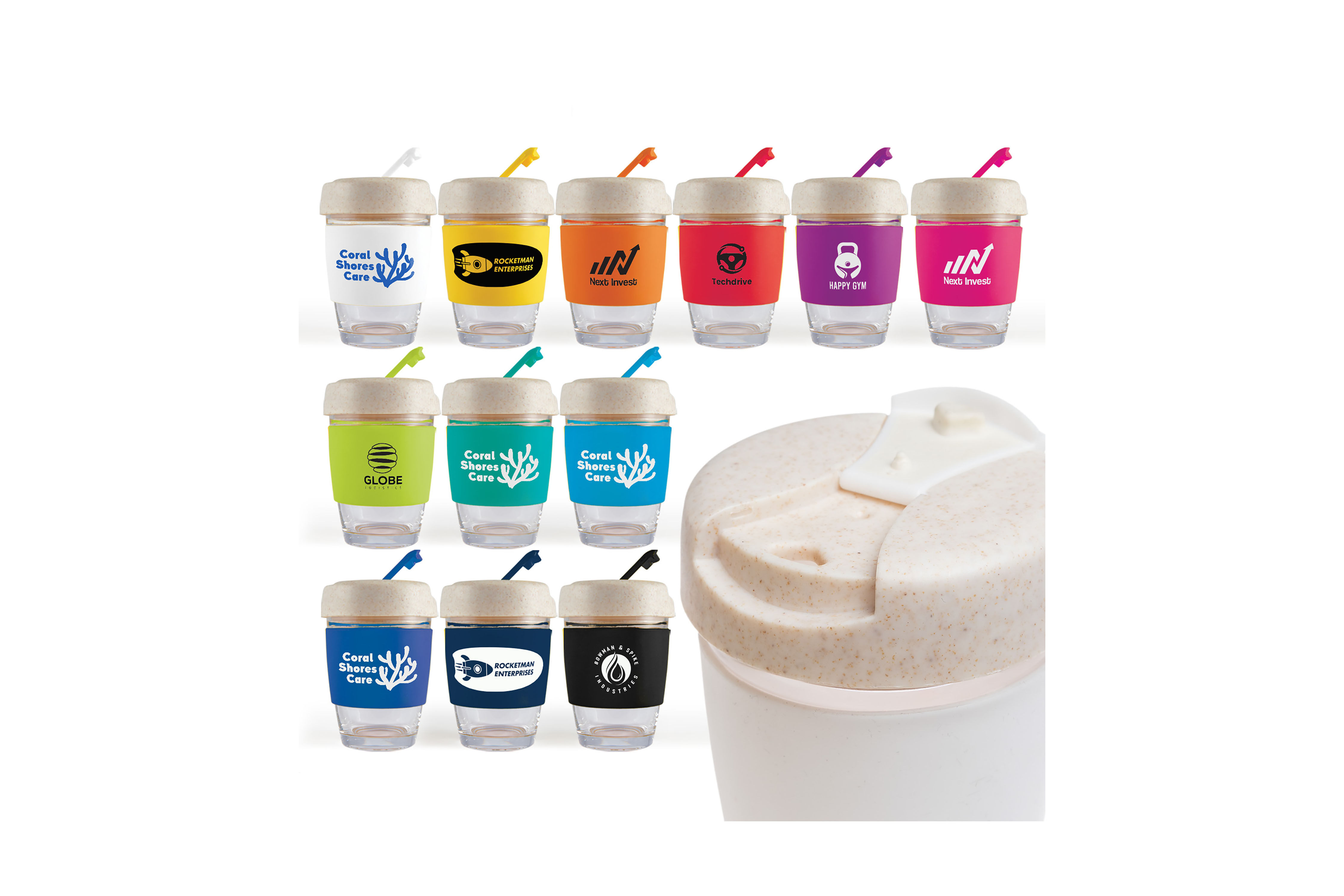 Custom branded 320ml glass cup with silicone band and wheat fibre lid, designed for reusable everyday coffee and branding
