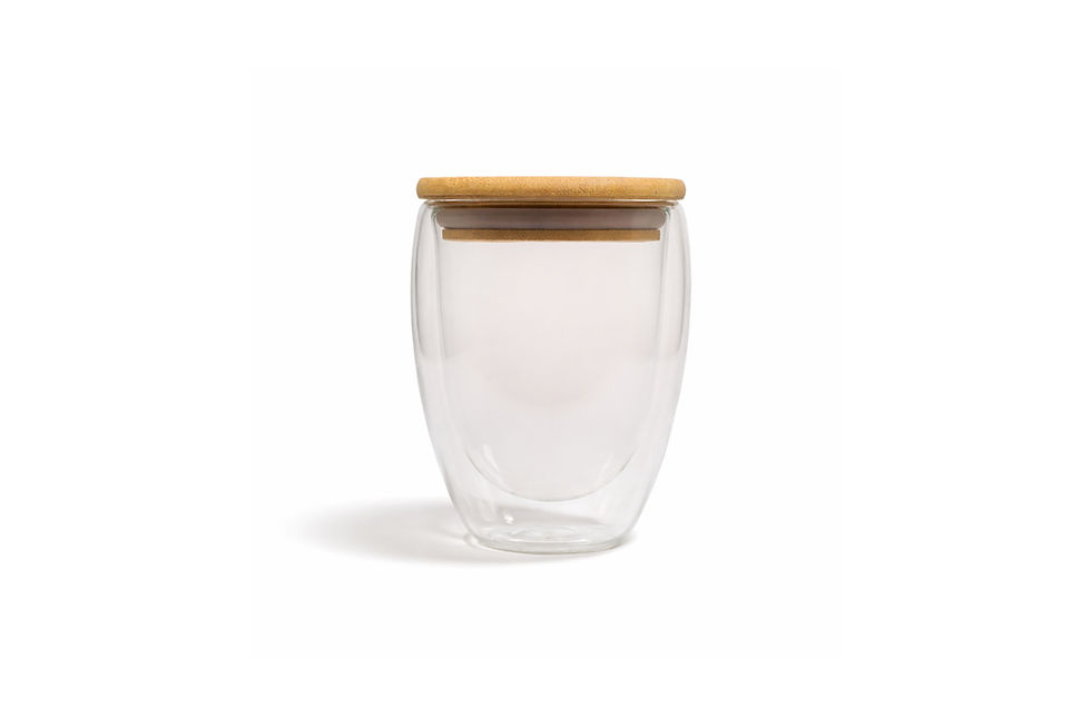 Custom branded 350ml double wall glass cups with bamboo lids, premium promotional drinkware for businesses and corporate gift
