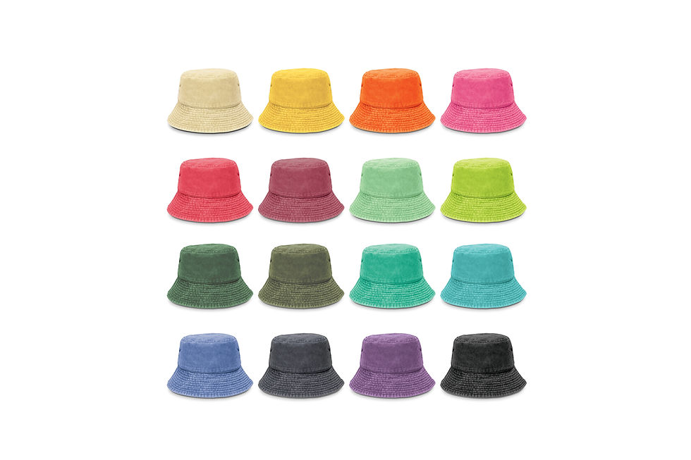 Washed bucket hats customised with your company logo for relaxed outdoor branding, events and promotional campaigns