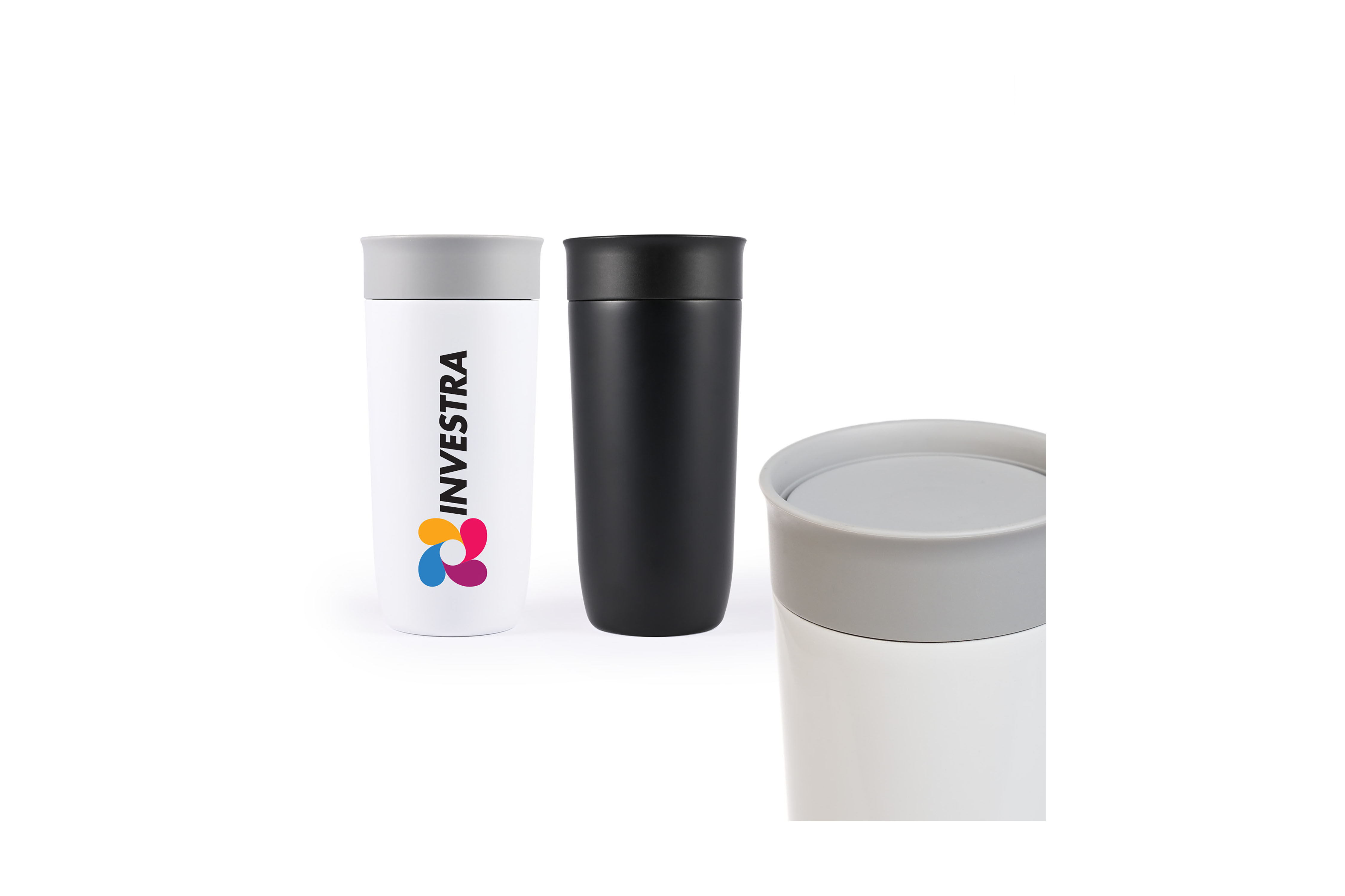Custom branded stainless steel coffee cups, premium promotional drinkware for corporate gifts, events and workplace use
