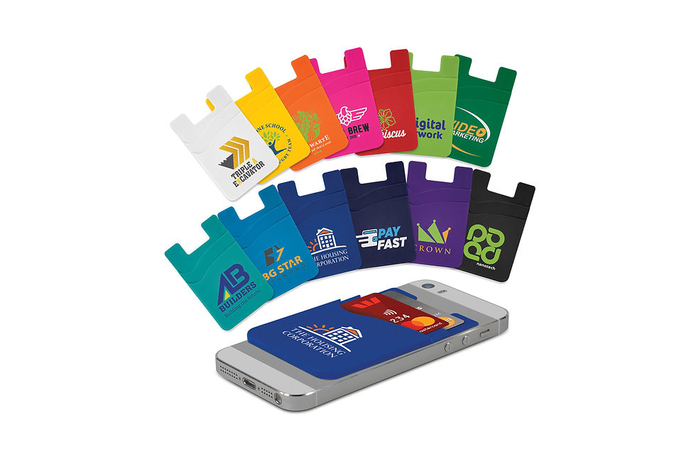 Dual silicone phone wallets, offering a sleek and practical promotional item to keep cards and cash handy with your logo.