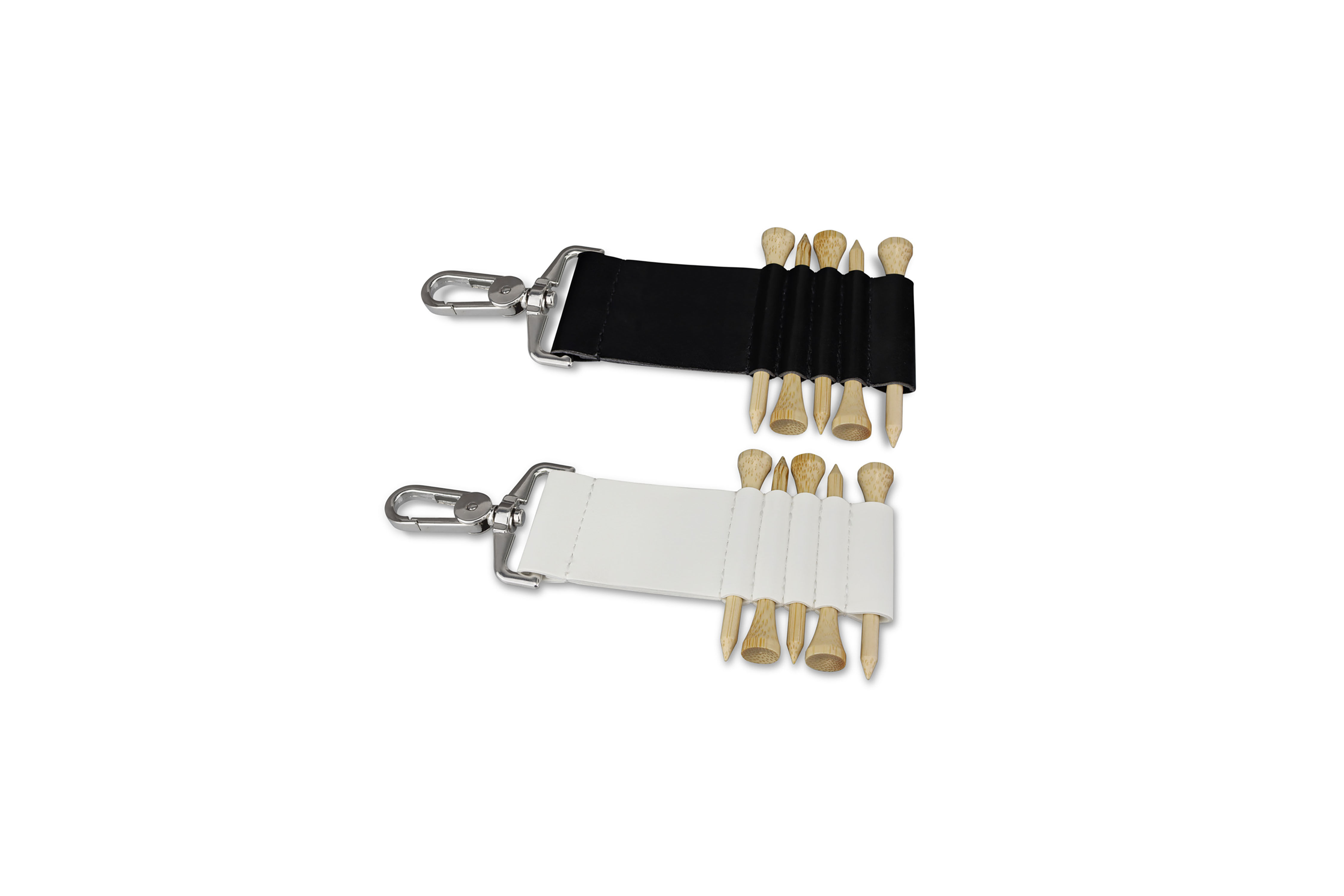 Branded leatherette golf tee holder with logo, perfect for golf events and promotional giveaways.