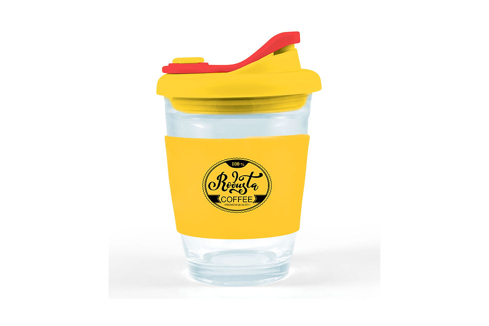 Promotional glass coffee cups with secure snap lids, personalised with company logos for workplace promotions and giveaways