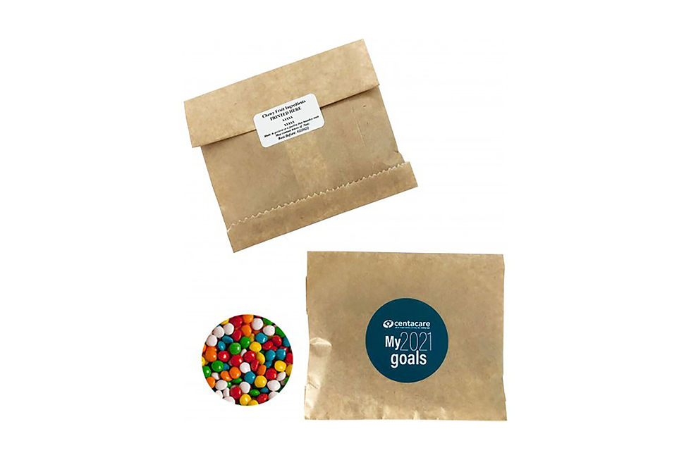 Branded kraft paper bags filled with chewy fruits for events and marketing campaigns