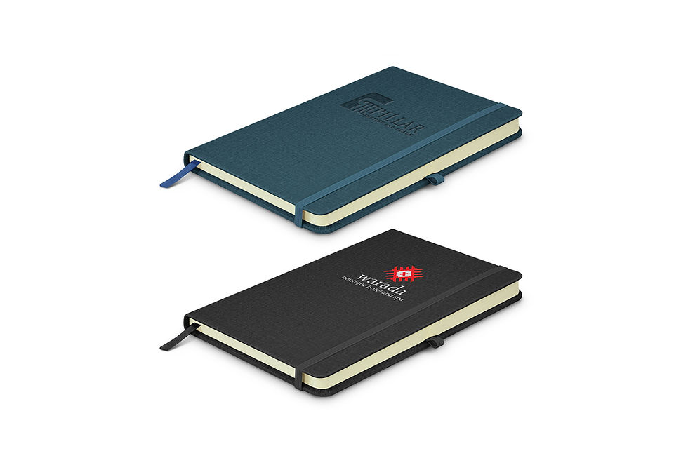 Custom heathered leatherette PU notebooks (A5), perfect for personalised corporate gifts and promotional branding.