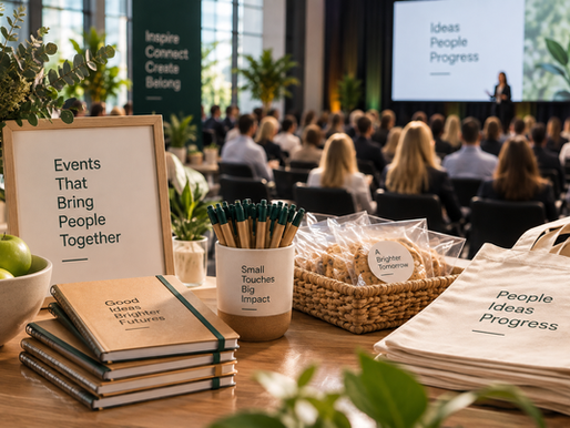 Corporate event with branded merchandise and practical promotional giveaways for attendees on an $8 per person budget