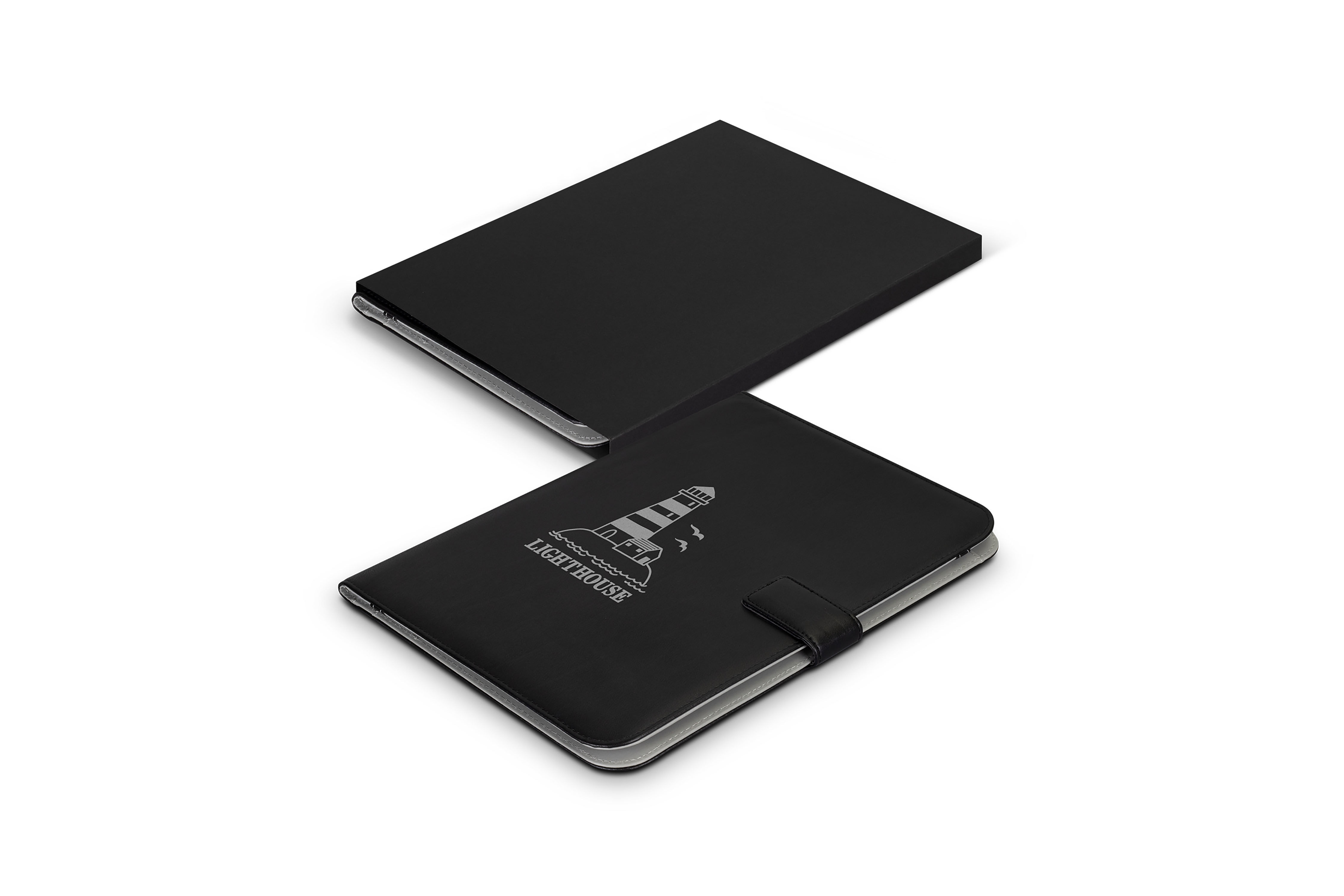 Customisable PU leatherette compendium with document slots and pen holder, perfect for personalised corporate gifts.