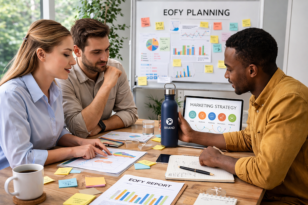 Professional EOFY corporate branding setup with promotional products, custom branded items and personalised gifts for client engagement and brand visibility