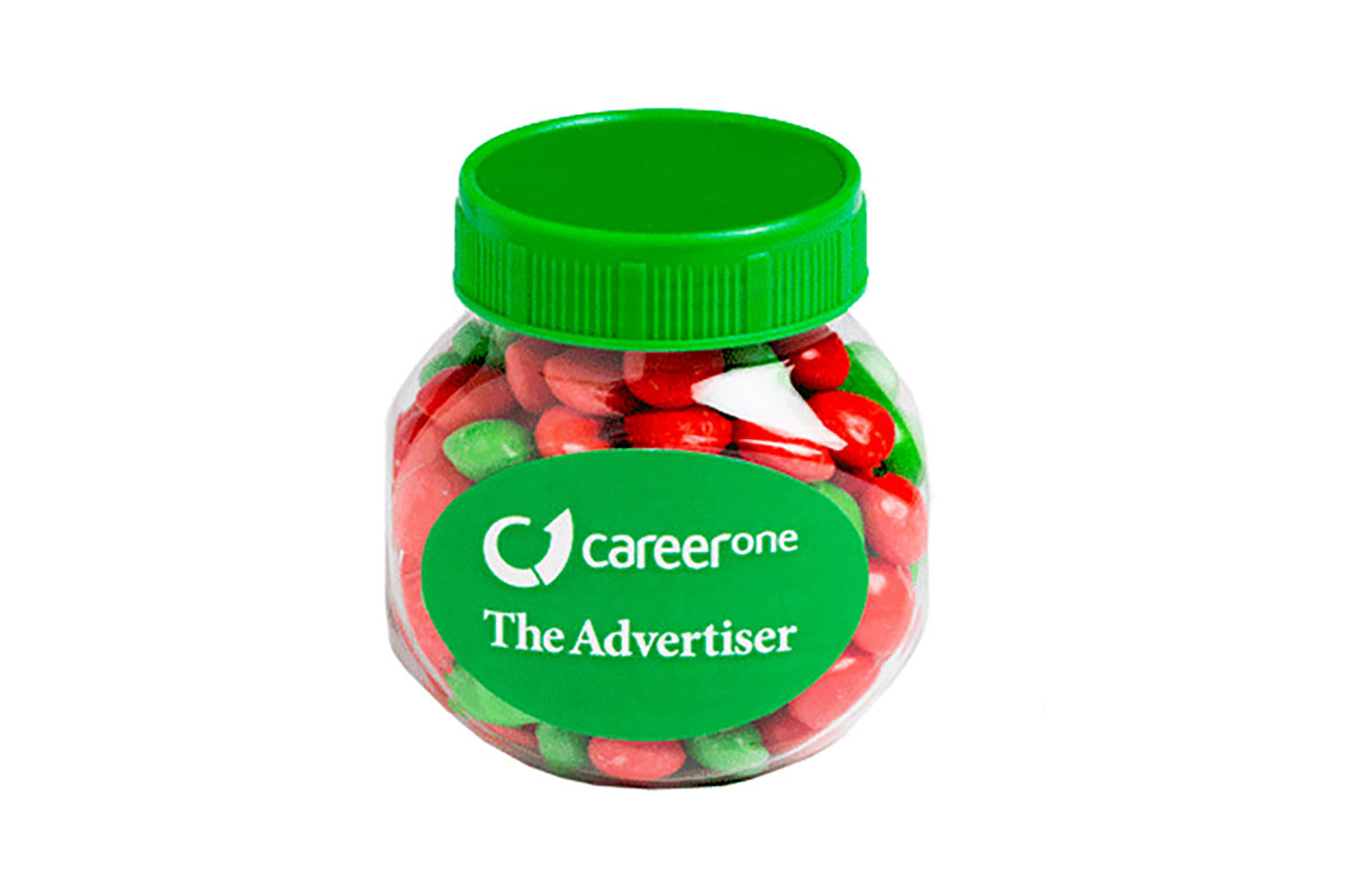 Branded plastic jars packed with Christmas chewy fruits for festive giveaways and seasonal promotions