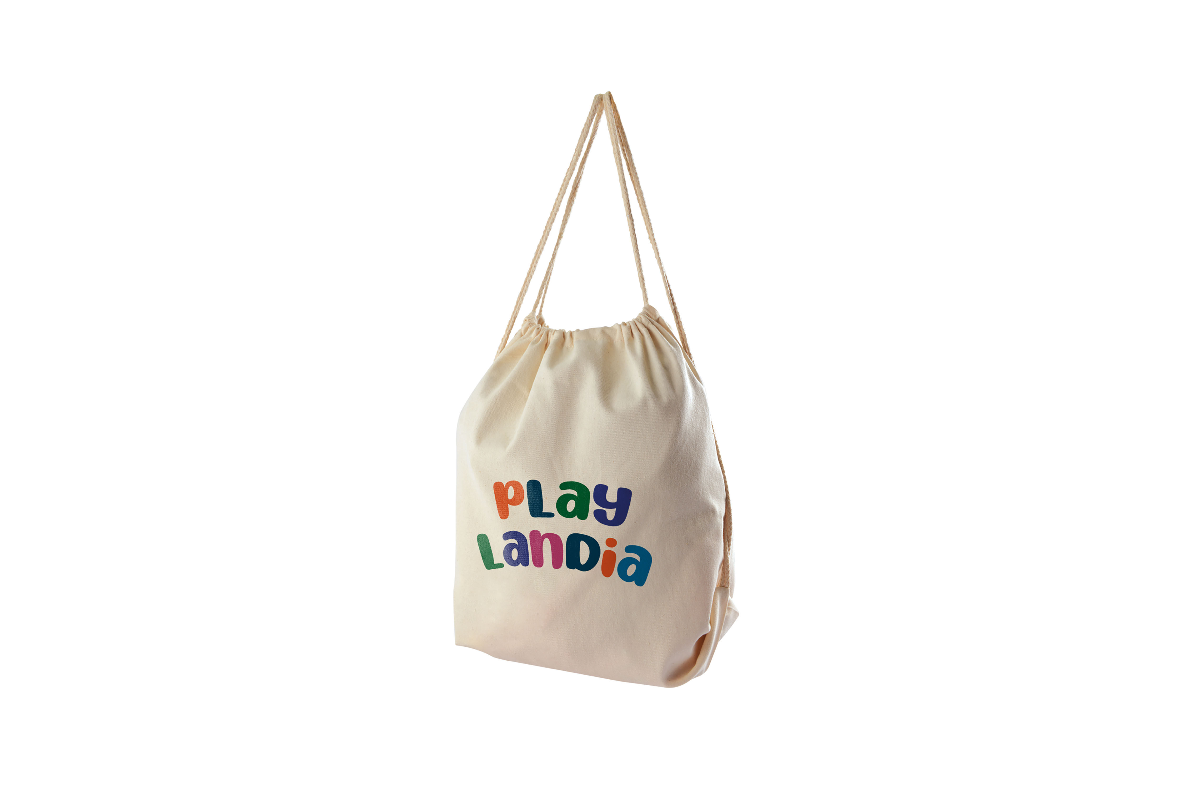 Calico drawstring backpacks branded with your logo, natural promotional products for events, retail and giveaways