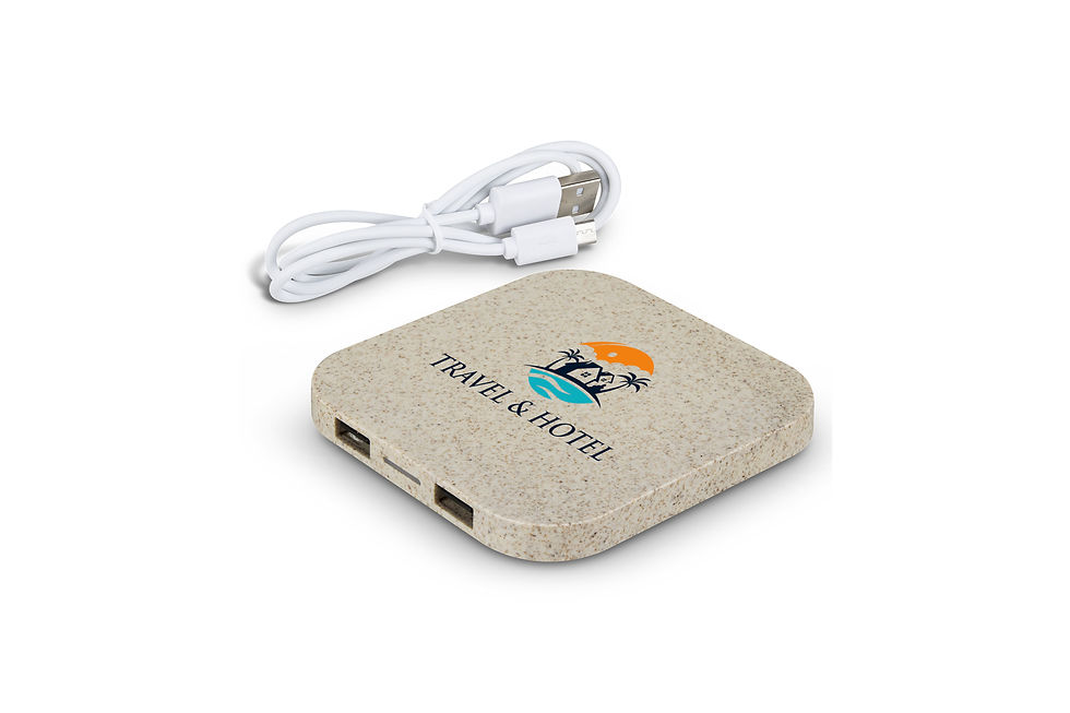 Thumbnail: Personalised wheat straw fibre wireless charging pad, a sustainable and functional corporate gift.