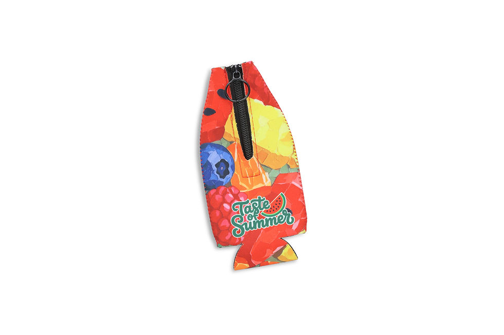 Keep canned drinks cooler while showcasing vibrant personalised graphics on a practical neoprene cooler with zip closure