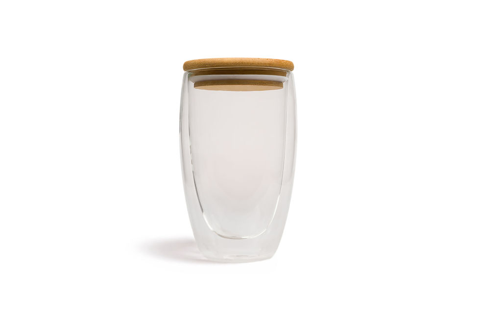 Custom branded 450ml double wall glass cups with bamboo lids, premium promotional drinkware for corporate gifting and events