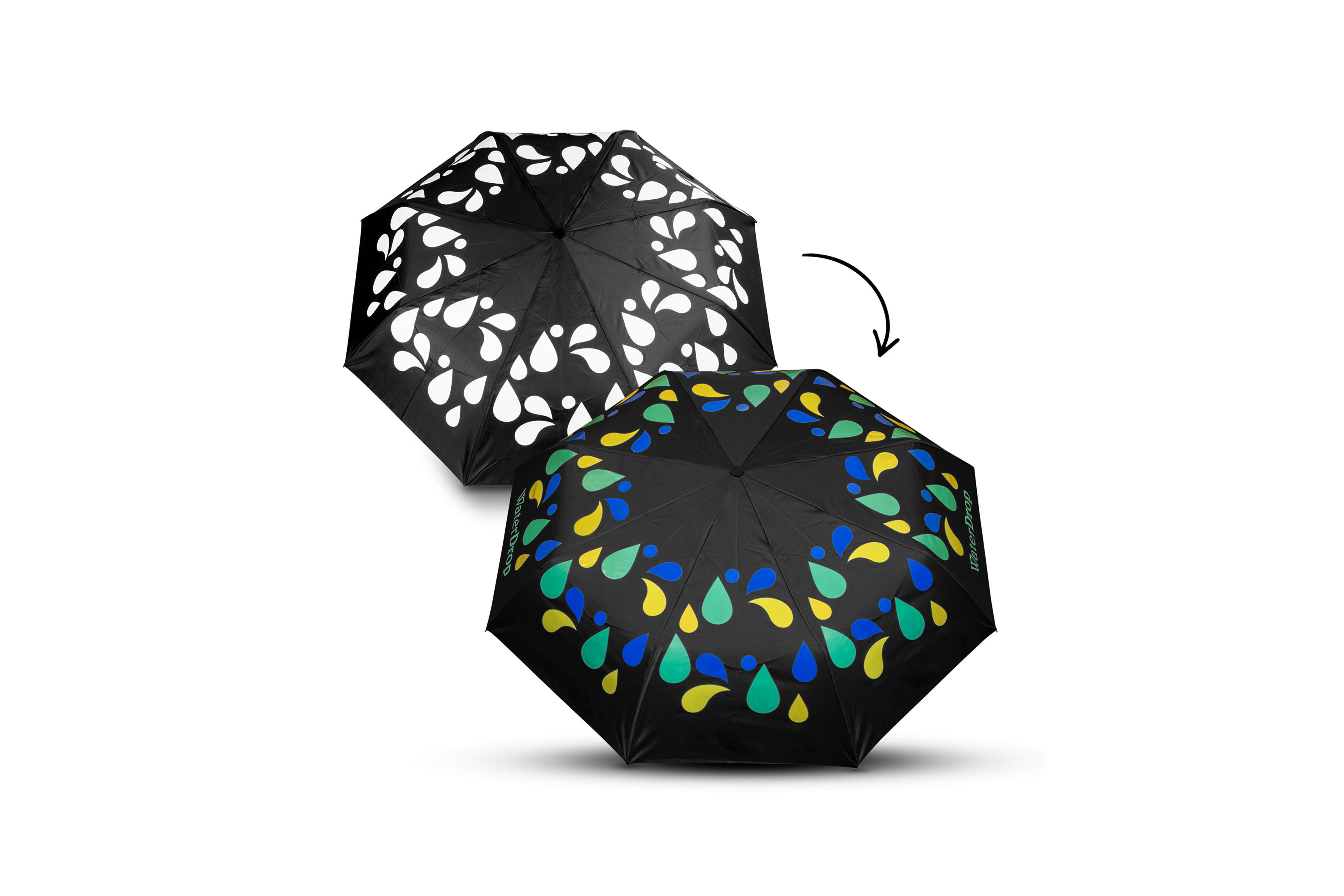 Colour changing compact umbrellas custom branded with logos for promotional giveaways and marketing campaigns