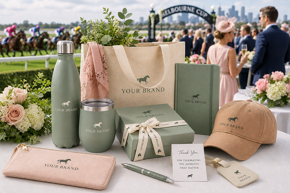 Elegant Melbourne Cup corporate hospitality setup with branded promotional products including reusable drinkware, tote bags and luxury client gift packs