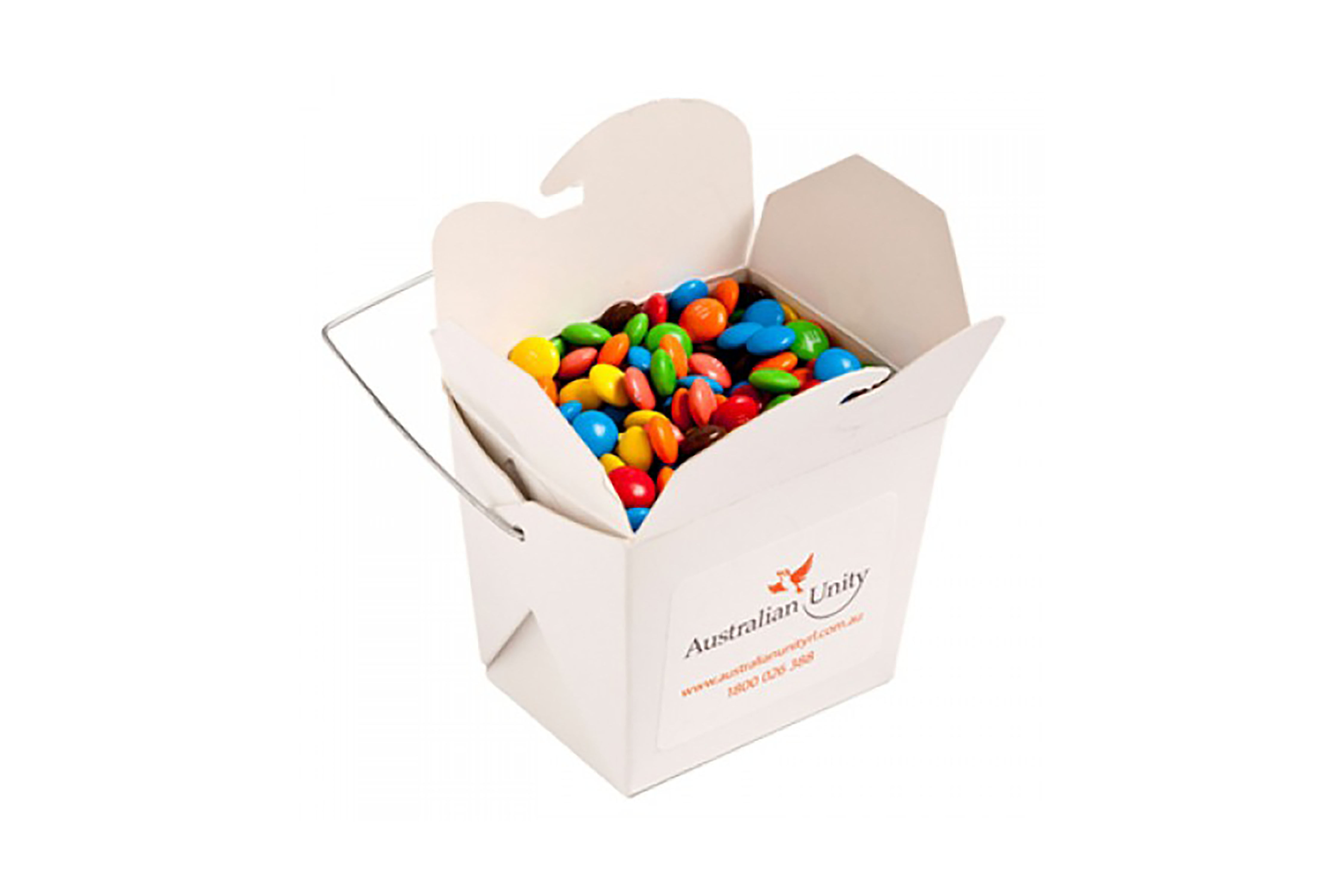 Custom branded white noodle boxes with mini M&Ms, colourful promotional products for corporate gifts