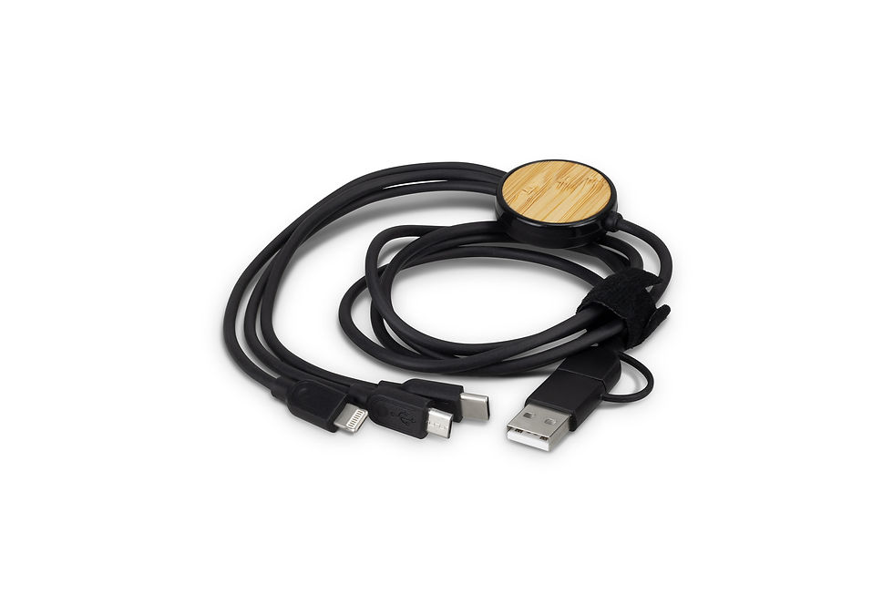 Thumbnail: Personalised bamboo triple connector cable with custom branding, offering convenient charging for multiple devices.