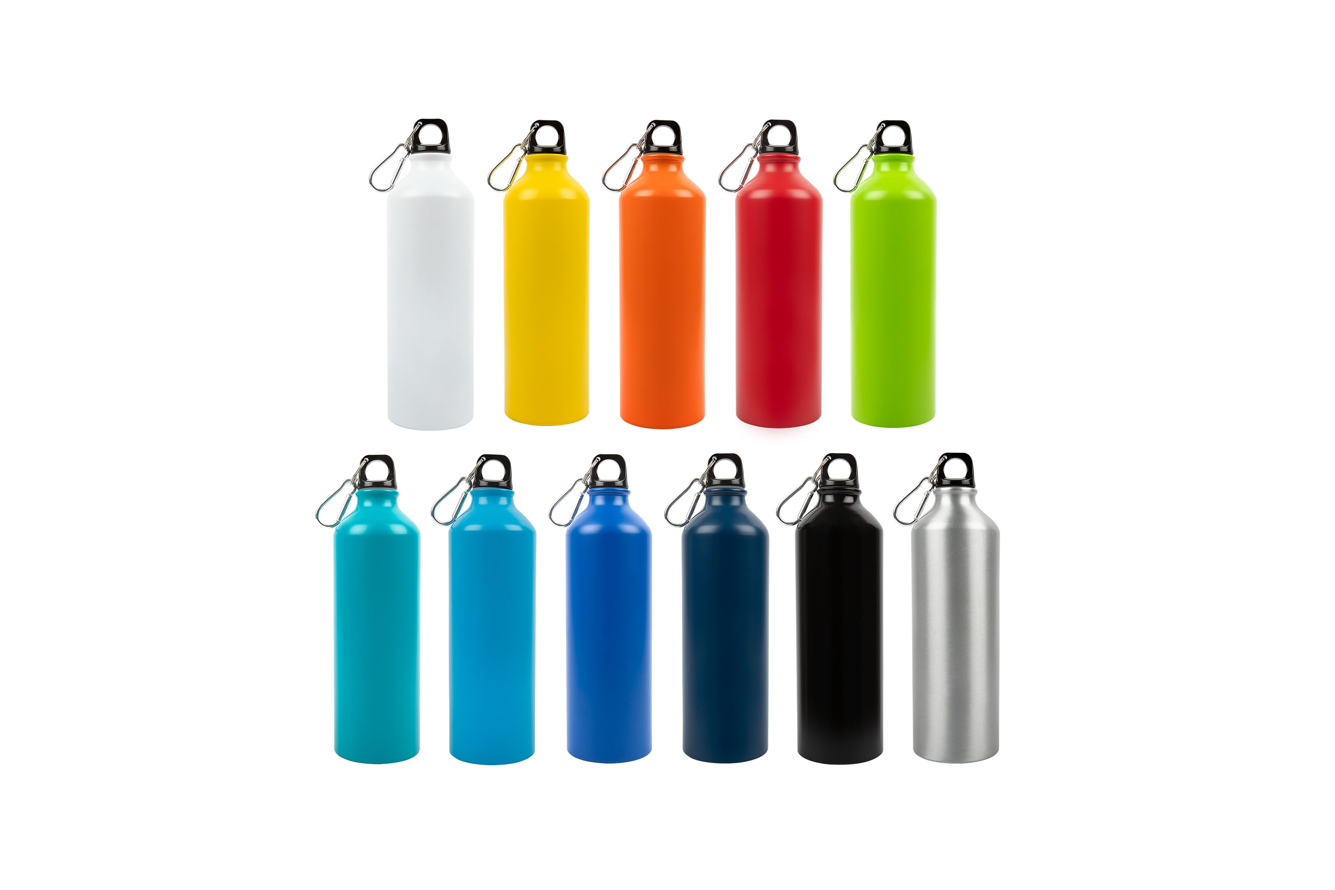Custom branded aluminium bottles with carabiner 750ml for outdoor promotions, corporate gifts, and active lifestyles
