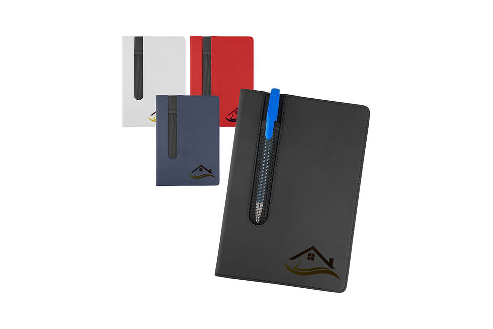 A5 PU leatherette notebooks with pen sleeves customised with your logo for premium business meetings and executive gifts