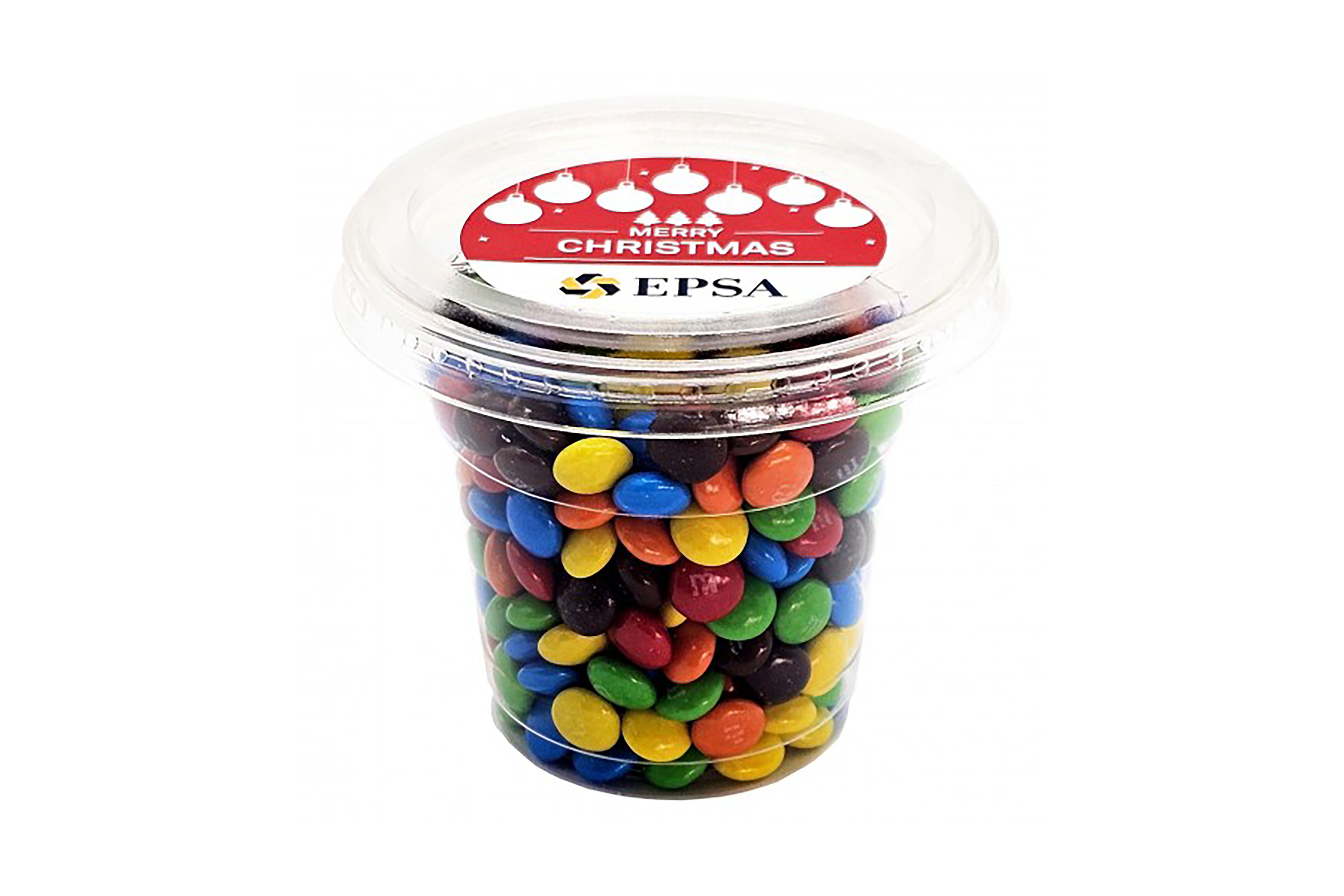 Mini M&M tubs branded with your logo, colourful promotional products ideal for trade shows, events and client giveaways