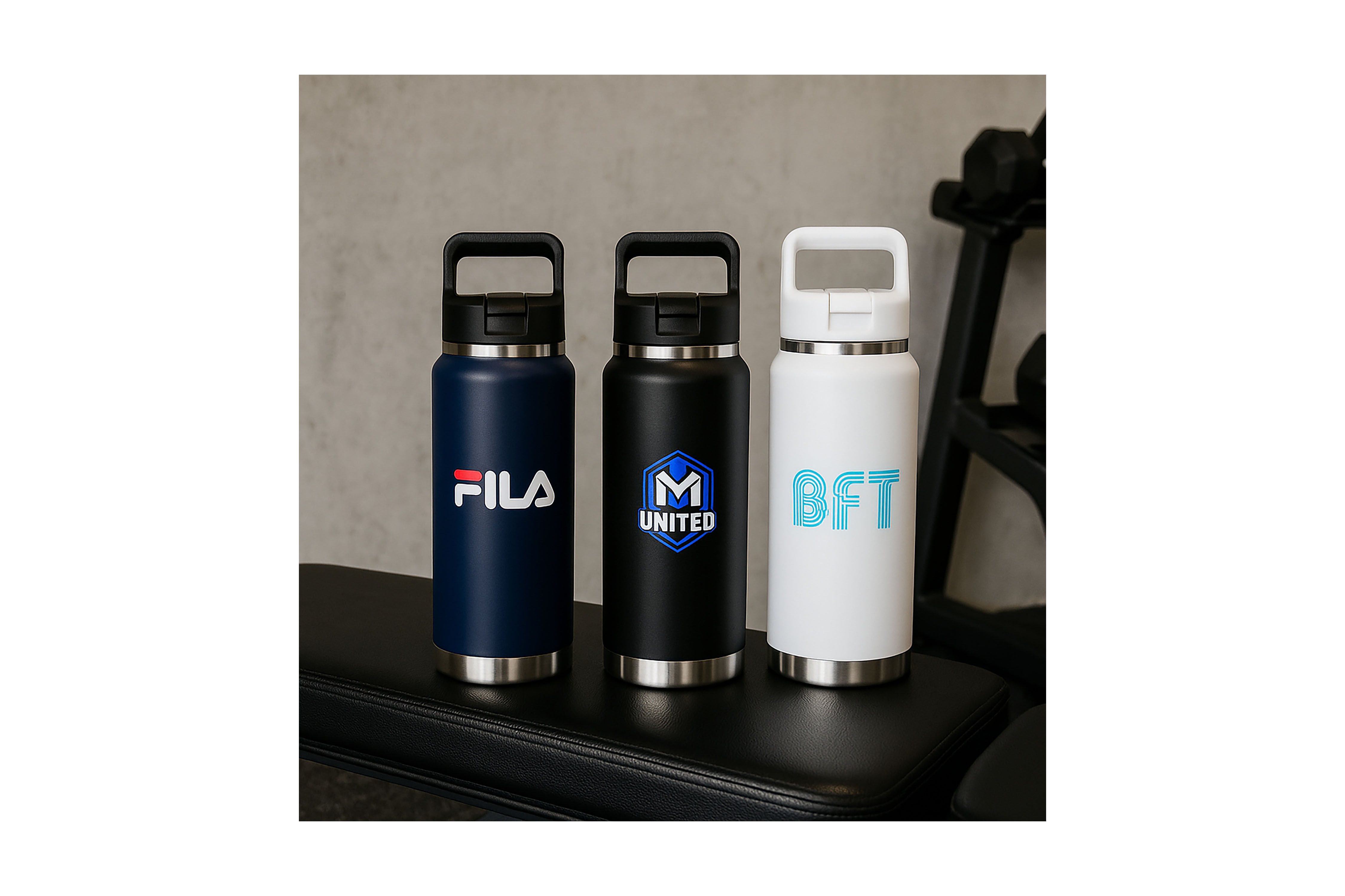 Branded stainless steel insulated bottles with custom logos, perfect for corporate gifts and promotional events.