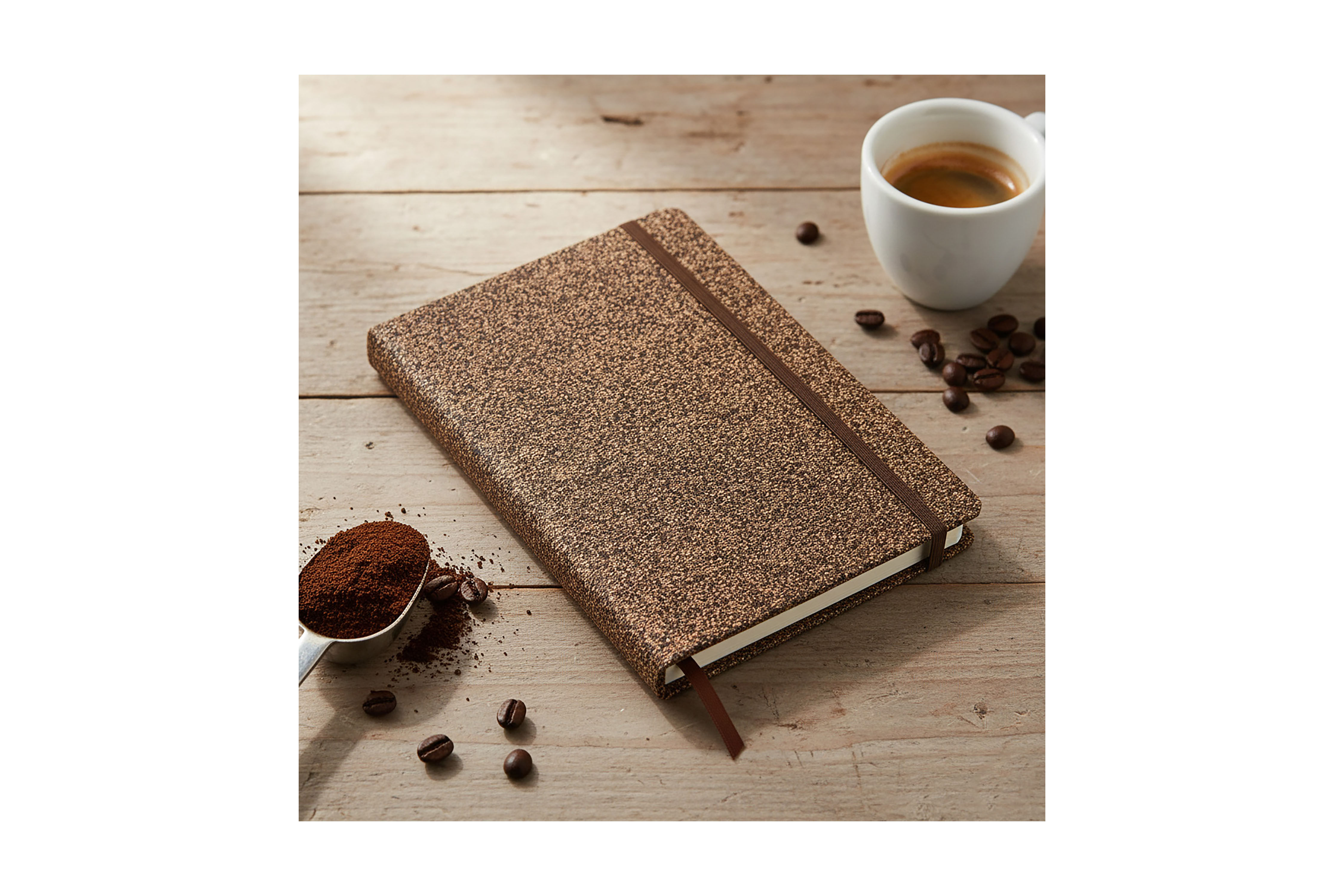 A5 coffee ground notebooks customised with your company logo for sustainable branding, meetings and corporate gifting