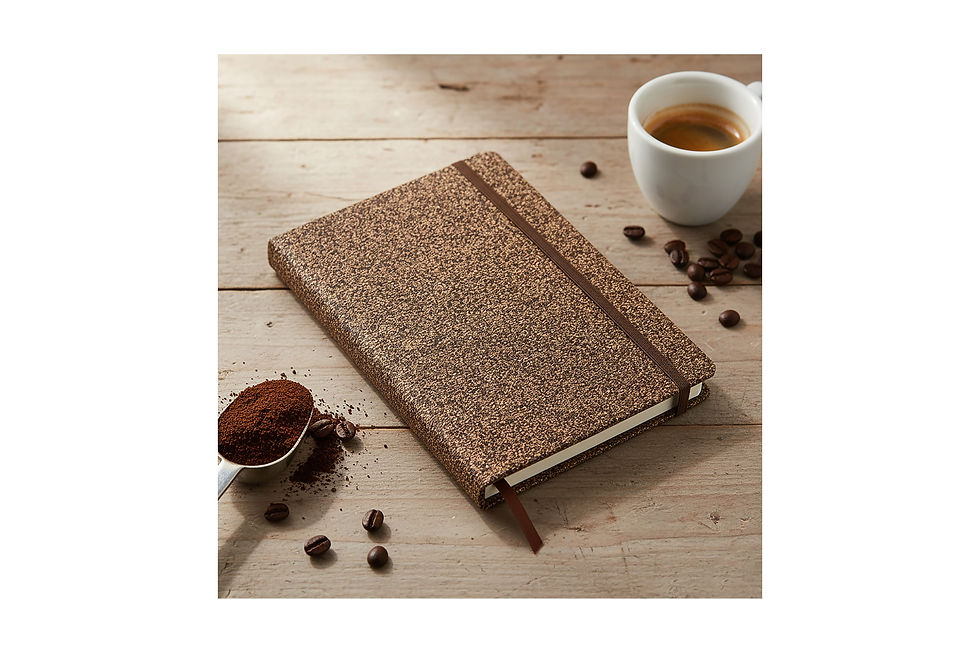 A5 coffee ground notebooks customised with your company logo for sustainable branding, meetings and corporate gifting
