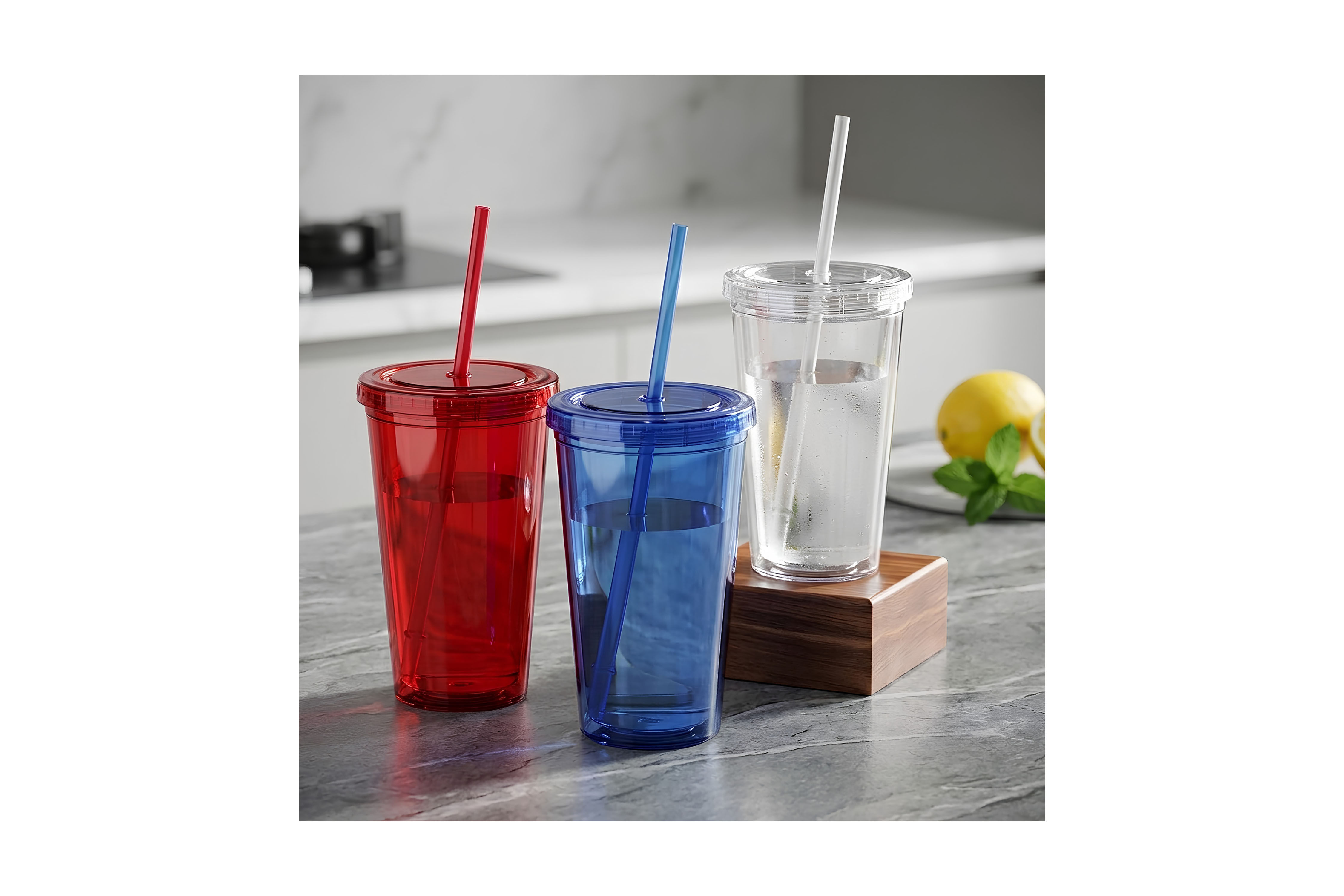 Double wall 473ml plastic straw tumbler with custom branding for cold drinks, events and reusable promotional merchandise