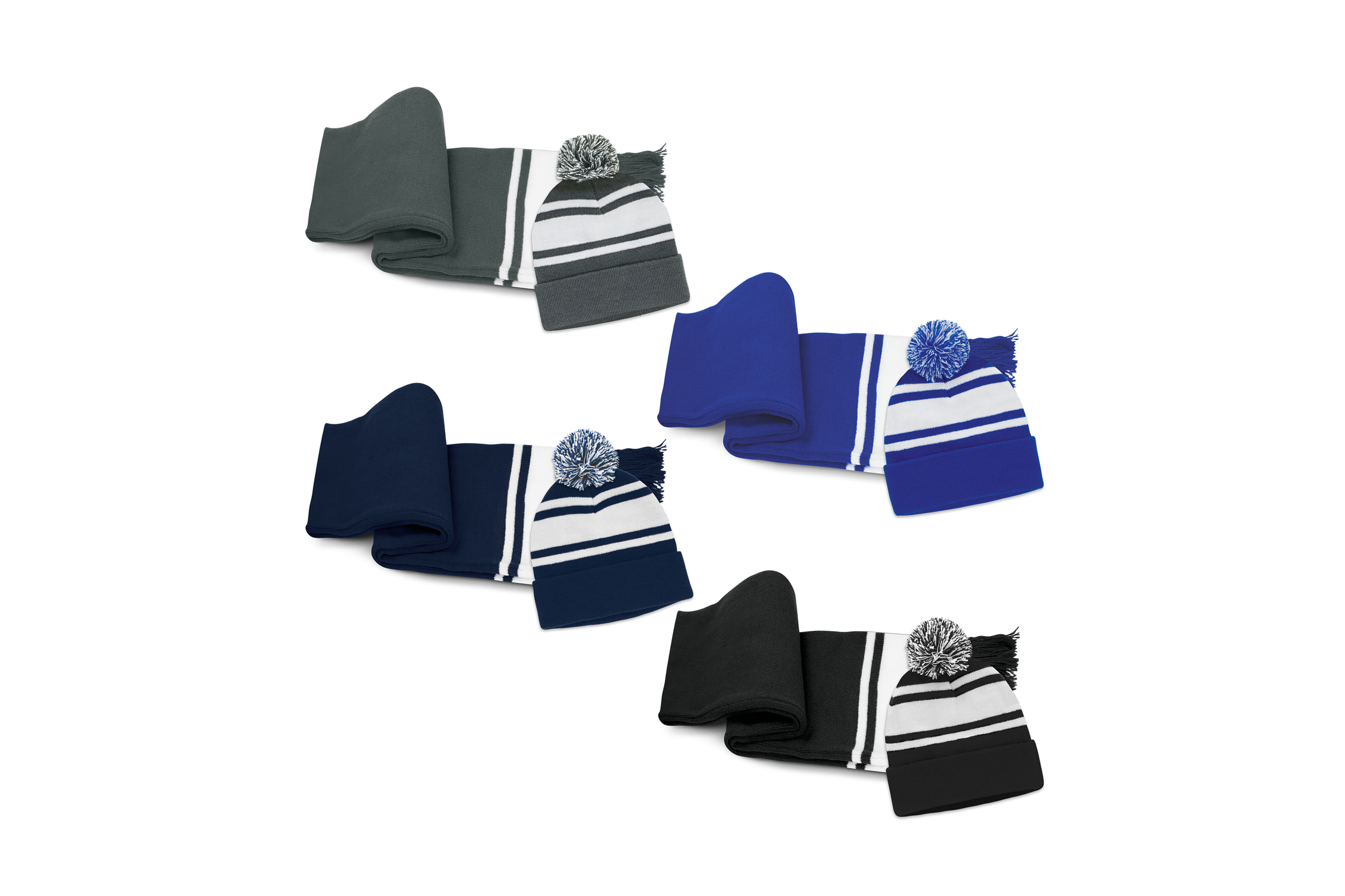 Branded striped knit pom pom beanie and scarf sets with custom logos, perfect for winter promotions.