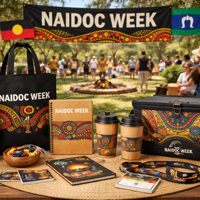 NAIDOC Week community event with culturally respectful promotional products and Indigenous artwork