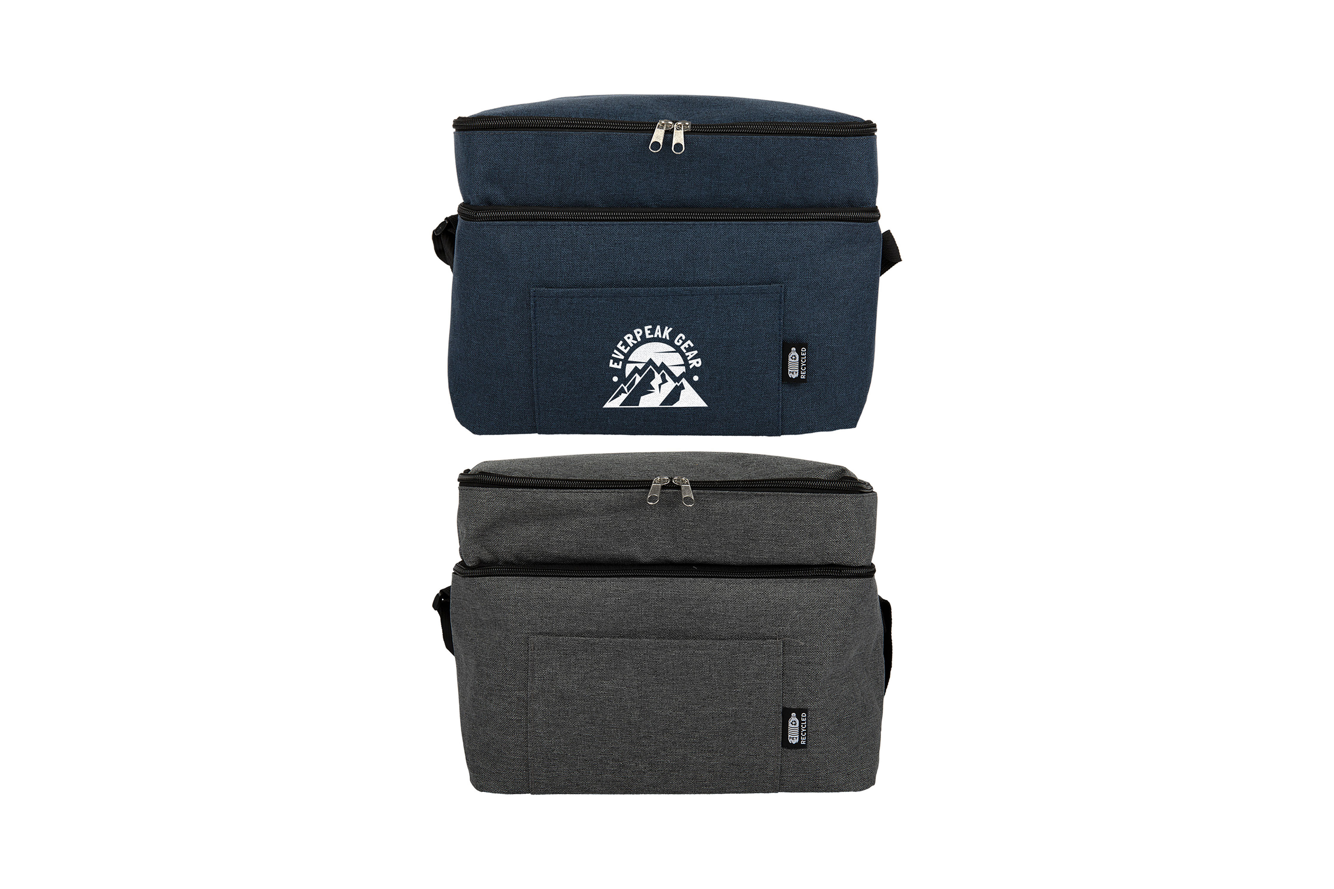 Custom branded Duo rPET cooler bags for sustainable corporate gifts, outdoor events, and promotional campaigns