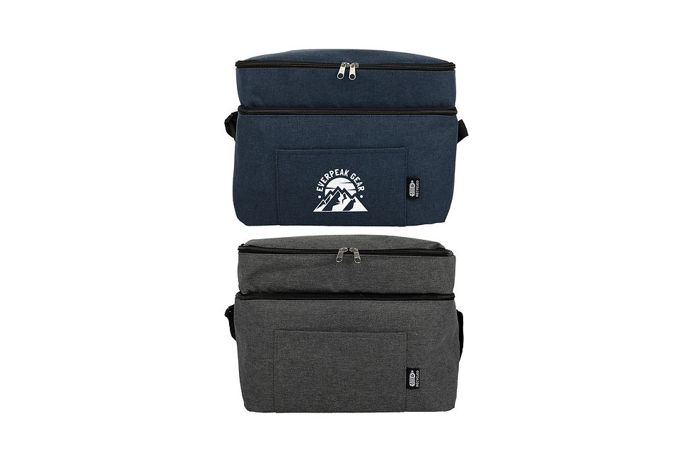 Custom branded Duo rPET cooler bags for sustainable corporate gifts, outdoor events, and promotional campaigns
