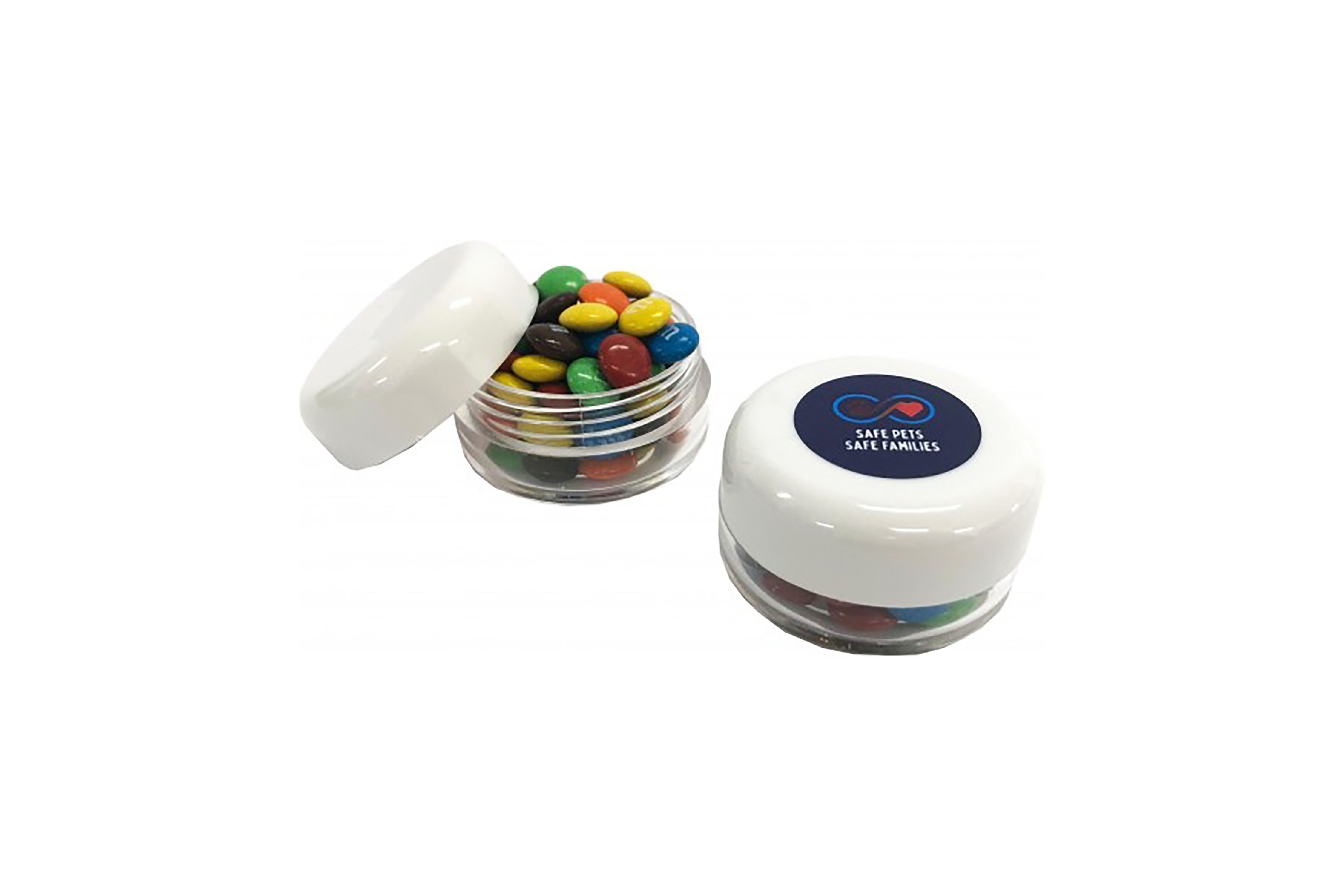 Custom logo small screw cap jars filled with Mini M&Ms, perfect for promotional events and giveaways