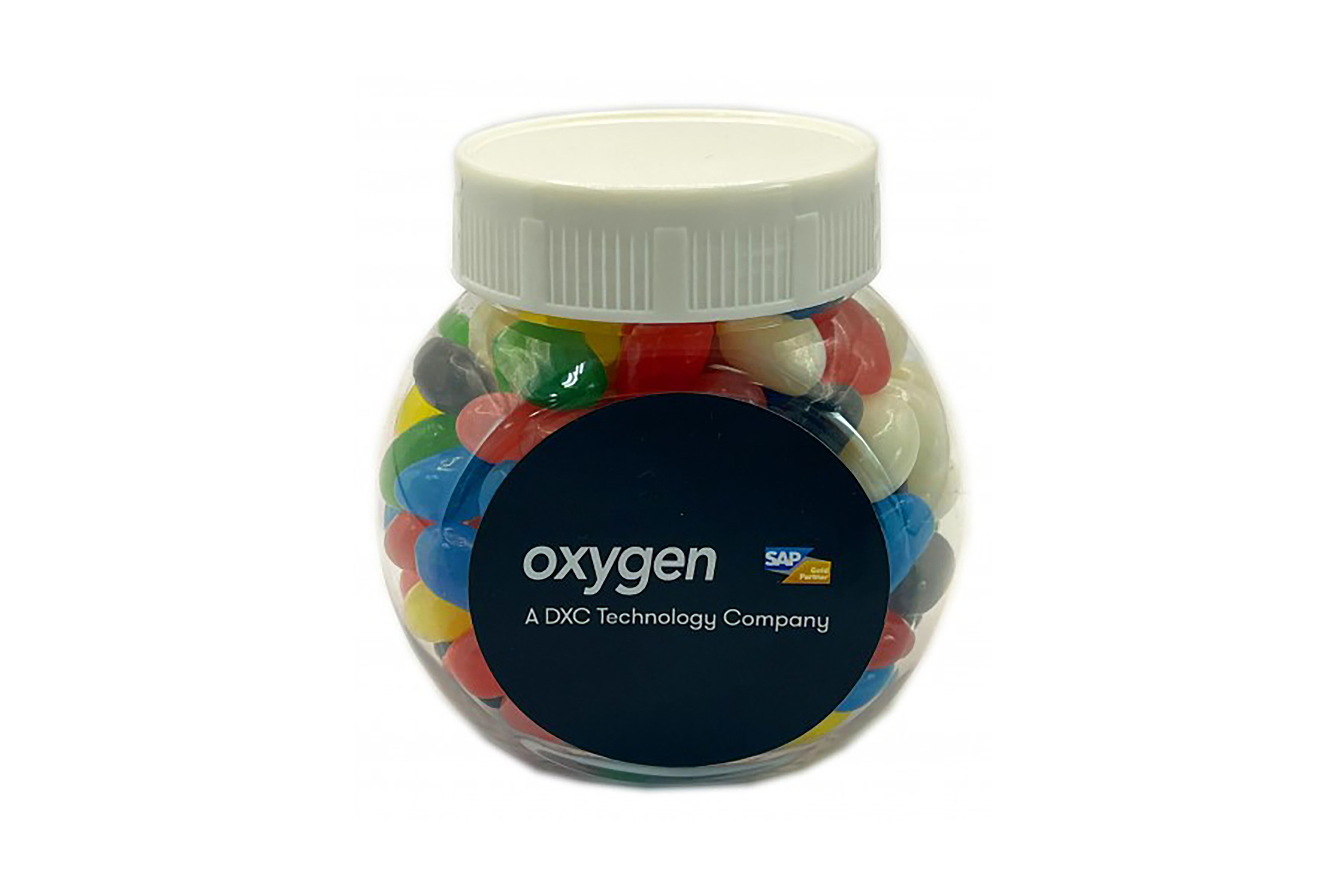 Custom branded plastic jars with mini jelly beans, colourful promotional products for corporate gifts