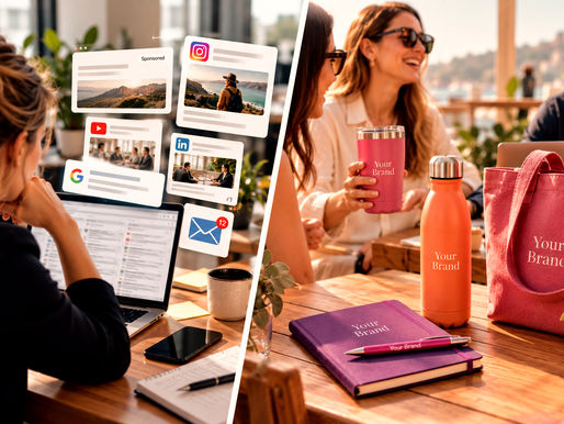 Branded promotional merchandise creating lasting customer exposure beyond digital advertising and online marketing
