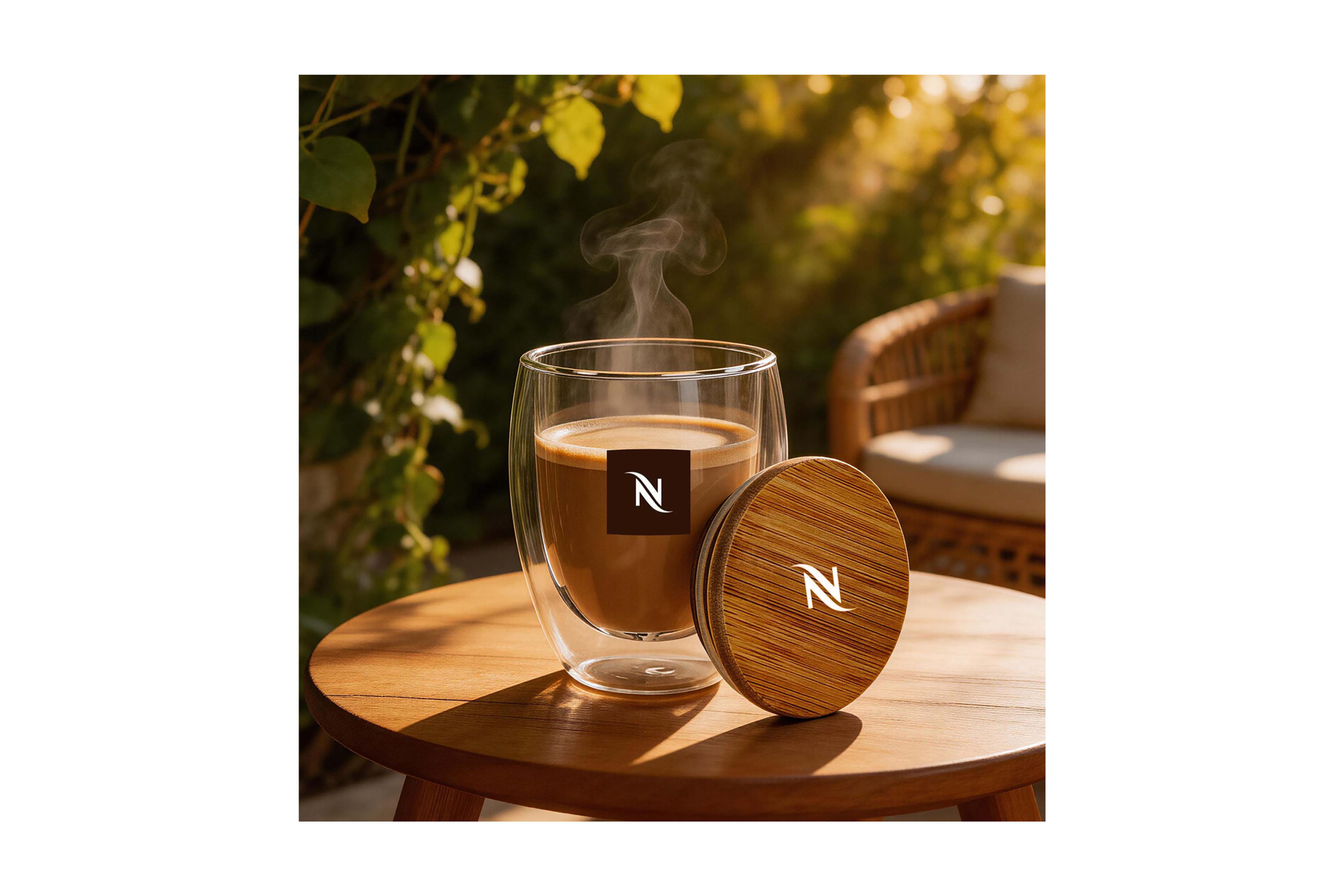 Natural bamboo lid complements this 350ml double wall glass cup, creating distinctive custom branded drinkware for businesses