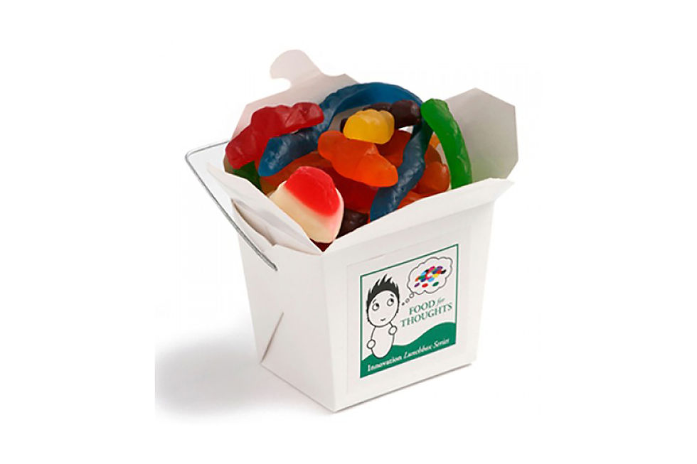 Custom branded white cardboard noodle boxes filled with Christmas mixed lollies for festive promotions and giveaways