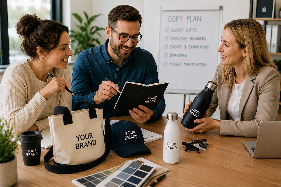 Business team reviewing EOFY promotional products and branded merchandise to maximise marketing budgets, strengthen client relationships and increase brand awareness before June 30